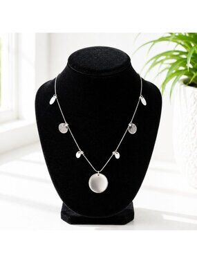 Layered Silver-Tone Pendant Necklace With Adjustable Chain & Polished Disc Charm